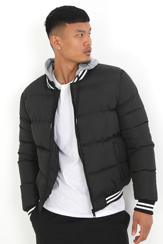 Black Detachable Hood Padded Varsity Style Jacket