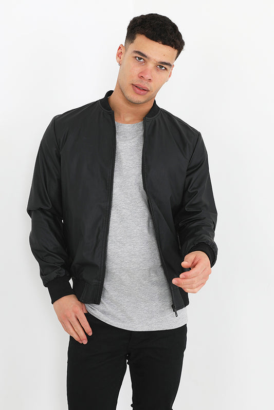 Zip Through Rib Detail Pu Bomber Jacket