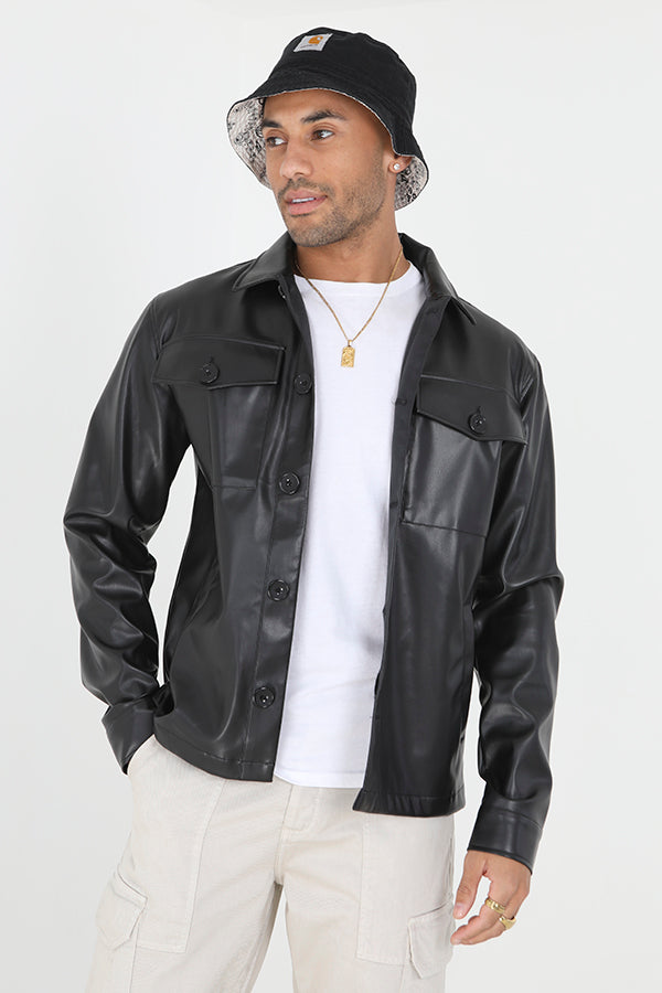 Faux Leather Button Through Collared Shacket