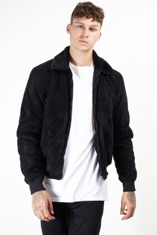 Black Faux Fur Collar Suede Effect Jacket