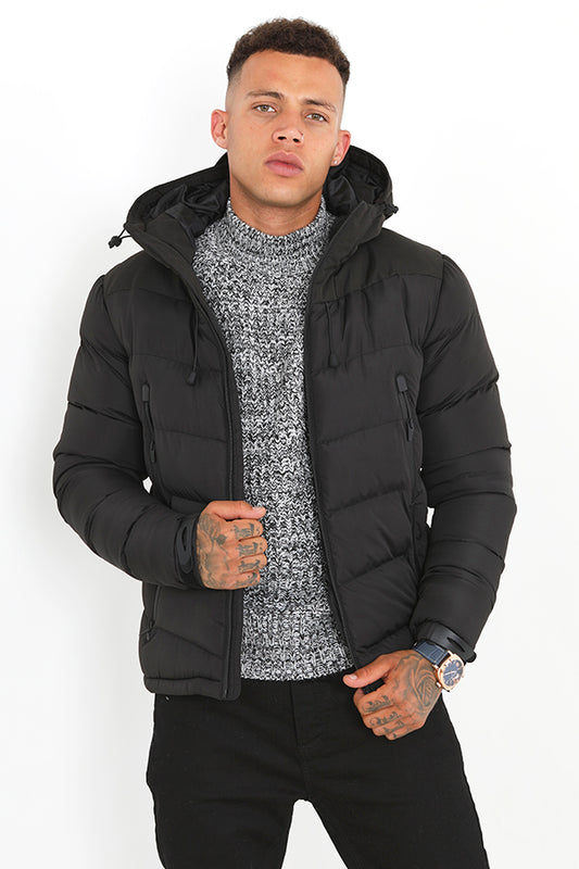 Black Padded Zip Through Chevron Hooded Jacket