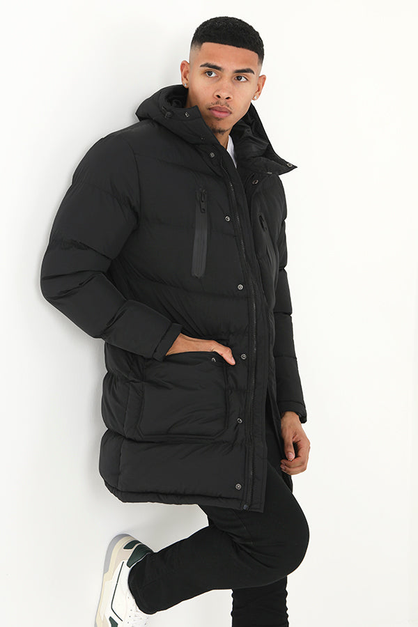 Black Zip Through Padded Longer Length Hooded Jacket