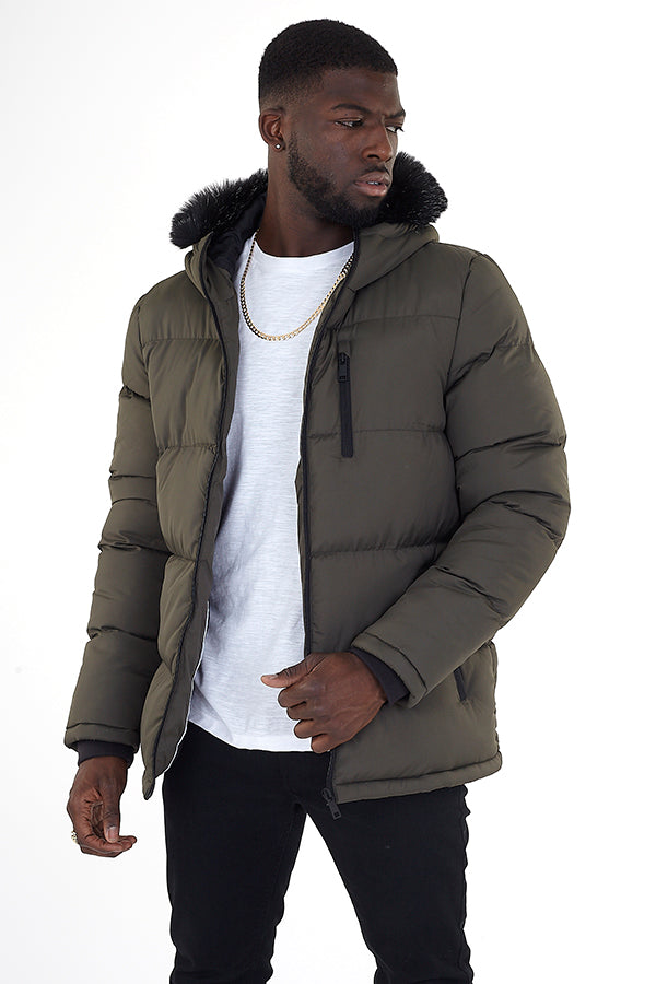 Khaki Faux Fur Hood Detail Puffer Coat