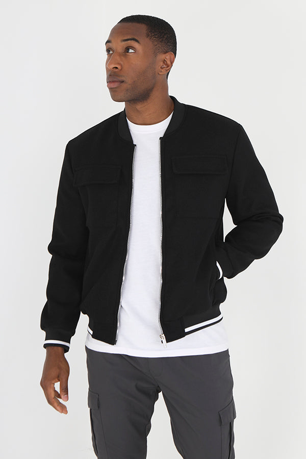 Black Faux Wool Zip Through Bomber Style Jacket