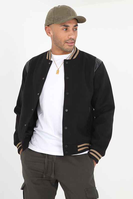 Black Stripe Detail Faux Wool Varsity Jacket