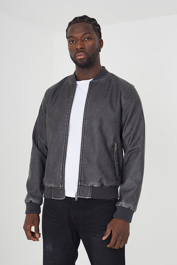 Black Faux Leather Bomber Jacket