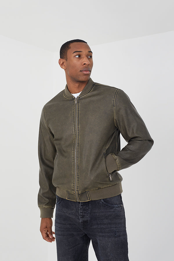 Khaki Vintage Wash Faux Leather Bomber Jacket