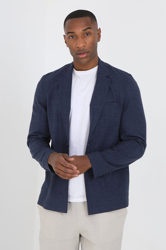 Navy Linen Mix Button Through Blazer