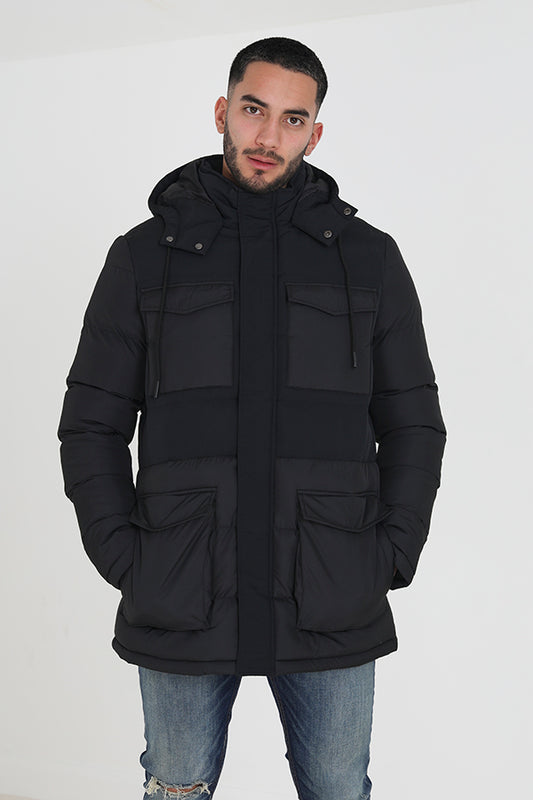 Mixed Fabric Hooded Puffa Parka