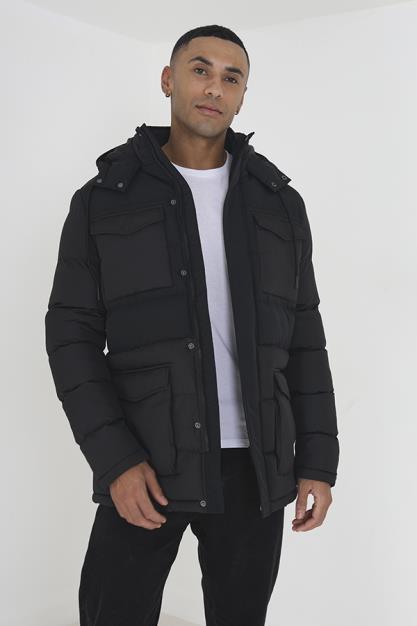 Mixed Fabric Hooded Puffa Parka