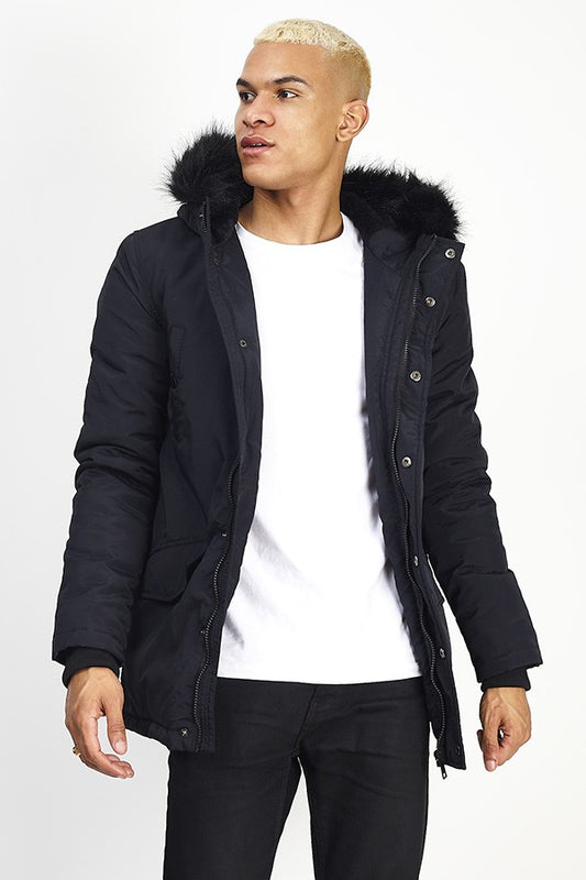 Black Faux Fur Sherpa Hood Parka Jacket