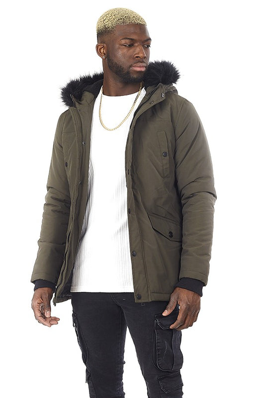 Khaki Contrast Faux Fur Sherpa Hood Parka Coat