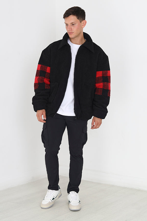 Jet Black/Red Check Zip Through Borg Sweatshirt