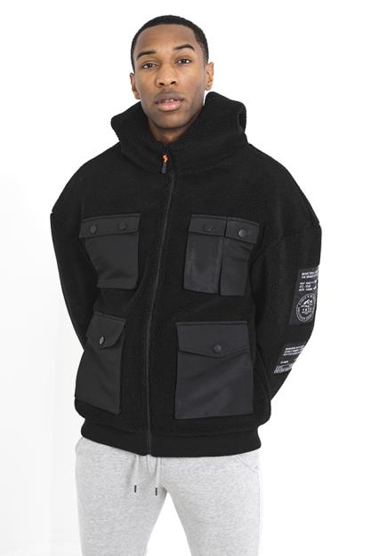 Jet Black Cargo Style Fixed Hood Sweatshirt