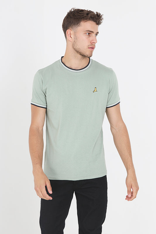 Short Sleeve Contrast Rib Trim Crew Neck Tee Shirt