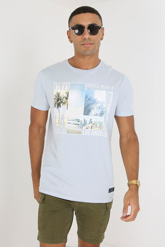 Beach Print Collage Crew Neck Short Sleeve T-Shirt