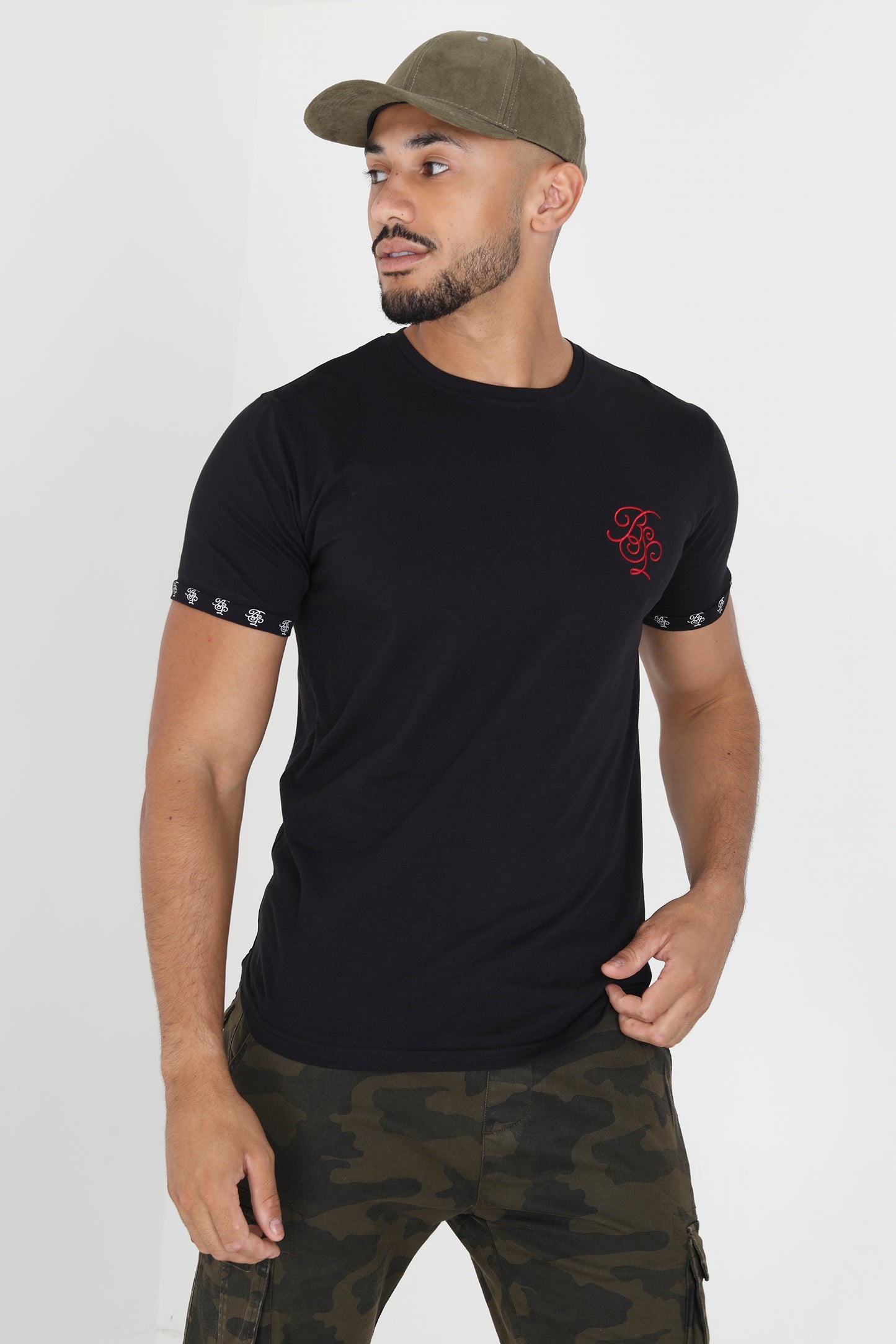 Printed Cuff Embroidery Detail Crew Neck T Shirt