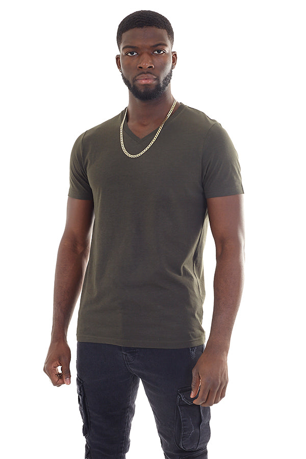 Solid Short Sleeve Rib V Neck T-Shirt